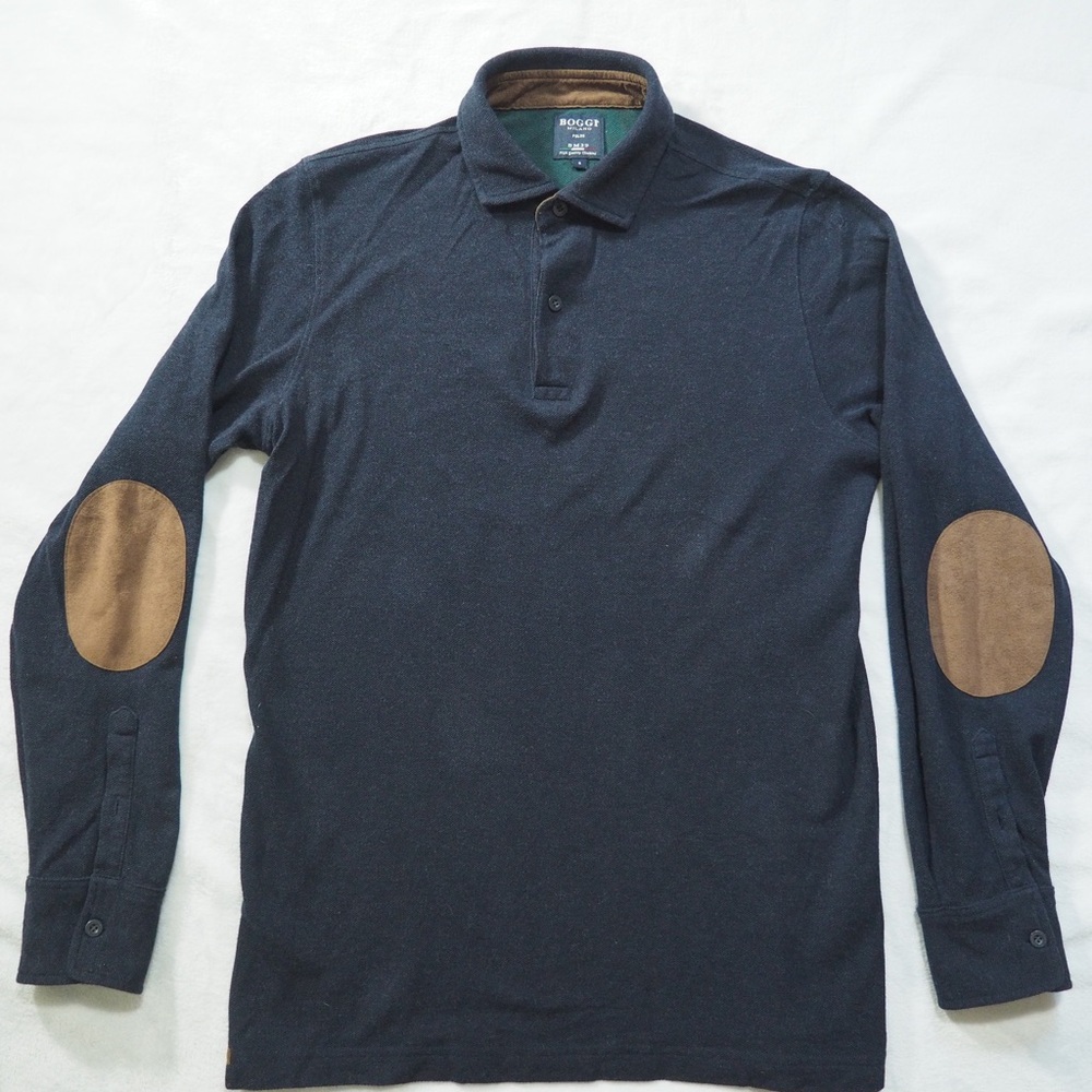Boggi Milano Polo Sz S Navy Long-Sleeve Polo W/Brown Elbow Patches 100% Cotton